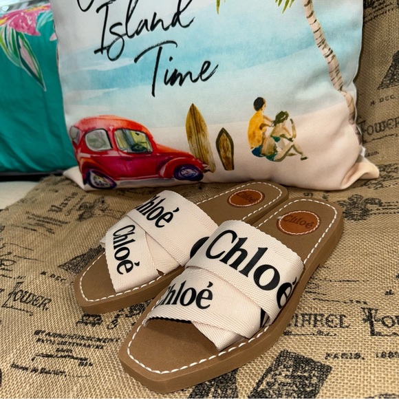 Chloé NWOB! Woody Logo-Print Canvas Slides Size 36 - Picture 2 of 11